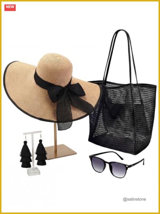 Beach Accessories Set Straw Hat Mesh Tote Bag Sunglasses Earrings Bohemian
